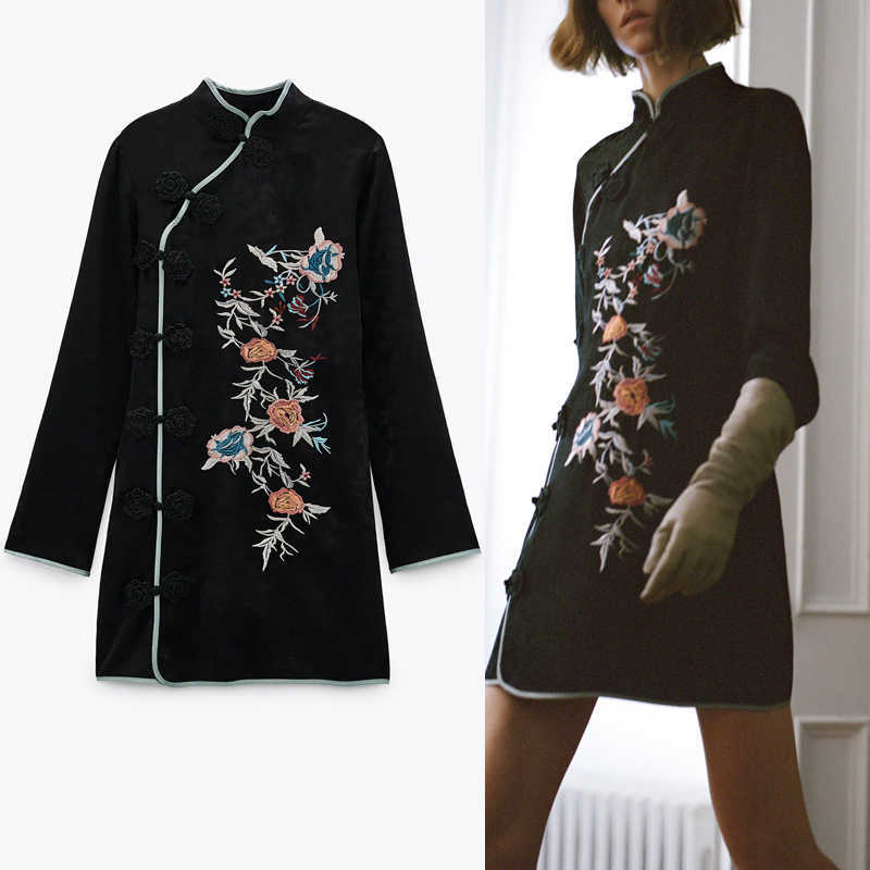 

Za Embroidered Jacquard Black Mini Dress Women High Collar Long Sleeve Short Dresses Woman Front Toggle Vintage Vestidos 210602