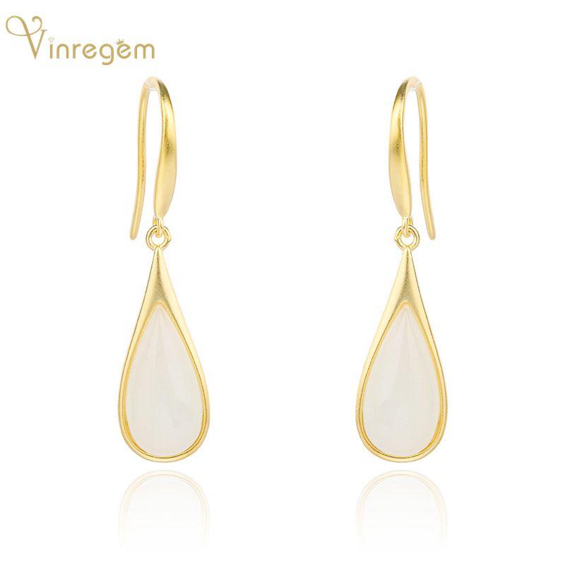 

Dangle & Chandelier Vinregem 100% 925 Sterling Silver White Jade Wedding Party 18K Yellow Gold Luxury Earrings For Women Fine Jewelry Gifts