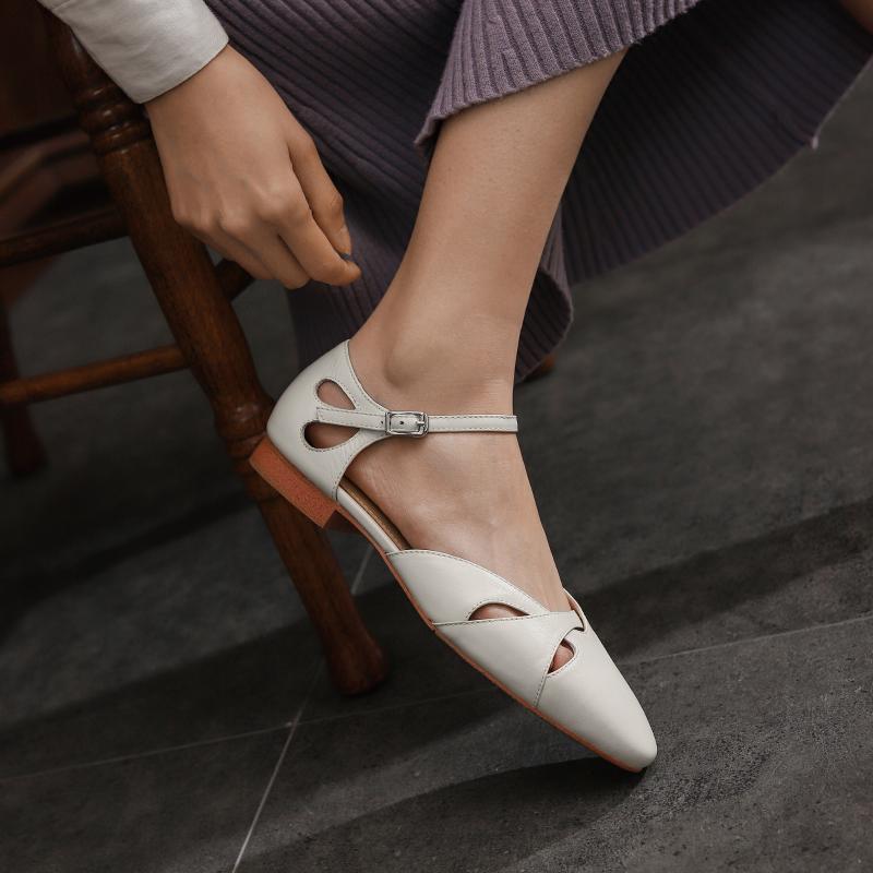 

Genuine Leather Med Heel Round Toe Buckle Strap Summer Shoes Hollow Dress Lady Dating Retro Women Sandals L16, Beige