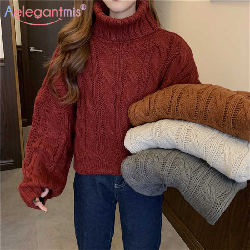 

Aelegantmis Korean Loose Twist Sweater Women Thick Soft Warm Turtleneck Pullovers Female Vintage Oversize Cropped Knitted Tops 210607, Burgundy