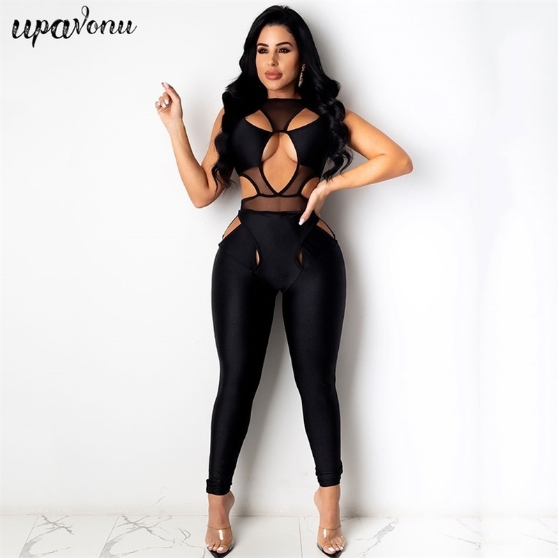 

Free Women's Sexy Mesh Patchwork Jumpsuit Round Neck Sleeveless Hollow Elastic Skinny Nightclub Party 210524, Black