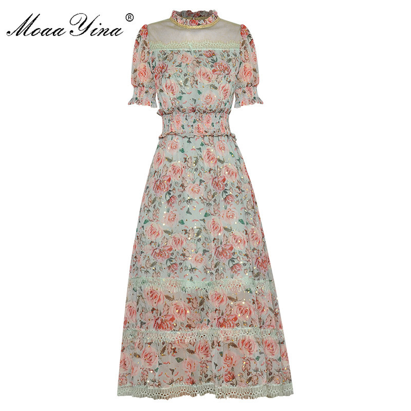 

Fashion Designer dress Summer Women's Dress Stand collar Short sleeve Lace Elastic waist Floral-Print Dresses 210524, Multi