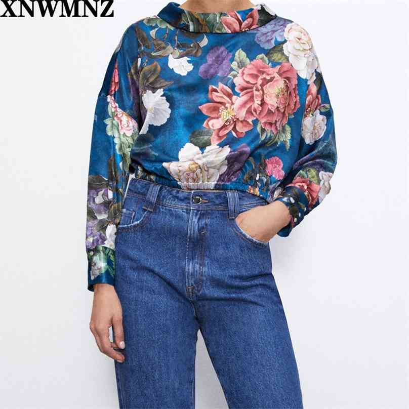 

women Vintage Printed cropped blouse female casual Long sleeve with a round neck and elastic hem chic tops 210520, Multi