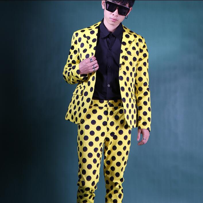

Men's Suits & Blazers Yellow Black Dot Blazer Men Suit Set With Pants Mens Singer Star Style Dance Stage Clothing Formal Dress B652, Multi