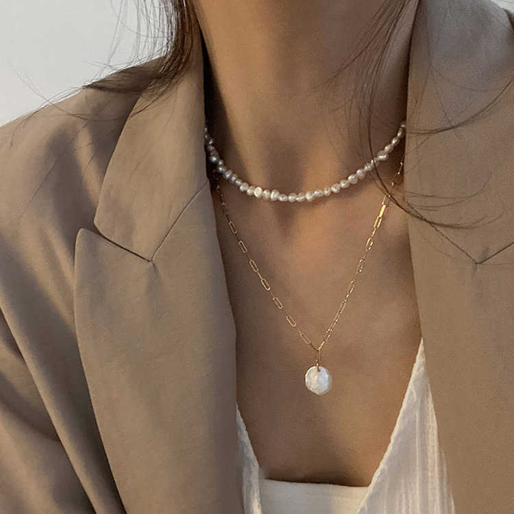 

2021New Vintage Irregular Pearl Jewelry Gold Plated Chunky Link Chain Layered Necklaces for Women Ladies Pearl Necklace P0809