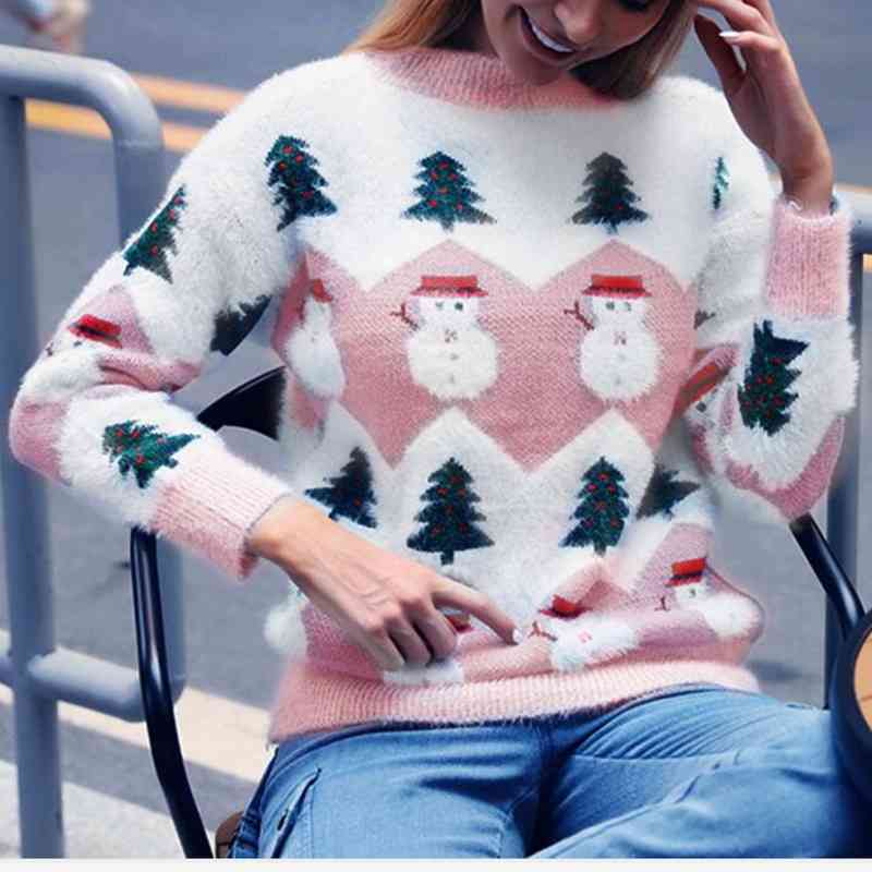 

Christmas Tree Snowman Sweater Women Knitted Pullover Ladies Long Sleeve O-neck Soft Mohair Loose Jumper Tops Clothing 210525, Blue