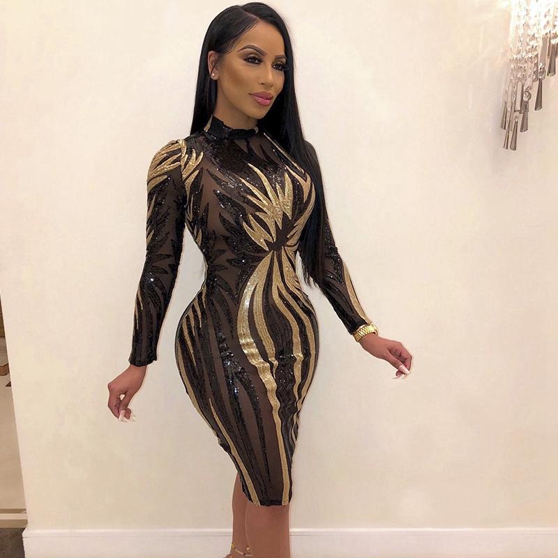 

Casual Dresses Hirigin Sequin Dress Mesh Bodycon Midi Sexy Club Outfits 2021 Long Sleeve See Through Tight Woman Party Night