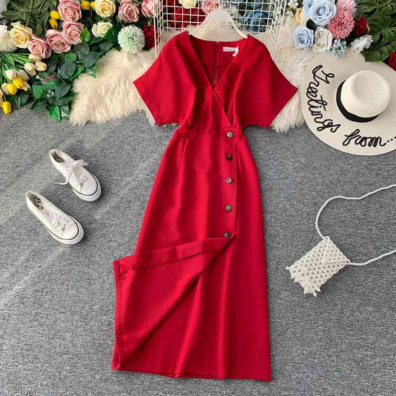 

Spring Ladies Fashion Split Vintage Single Breasted Dress High Waist V Neck Short Sleeve Solid Chic Women' 210520, Black