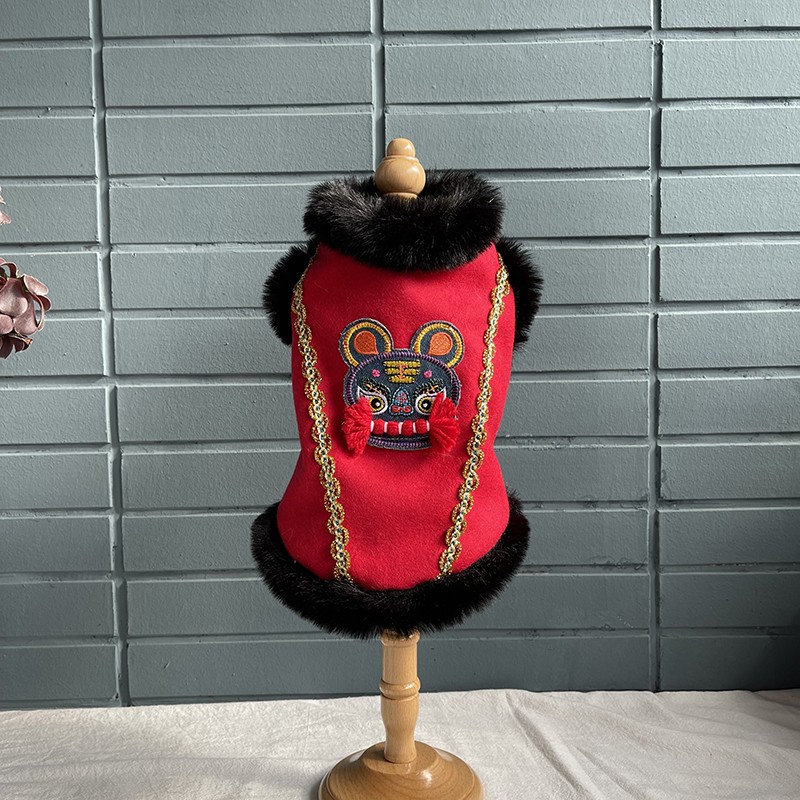

Handmade Pet Clothes Coat Dog Apparel Jacket Luxury Woolen Smart Fur Collar Tight Keep Warm New Year Christmas Lion Dancing Costumes, As picture