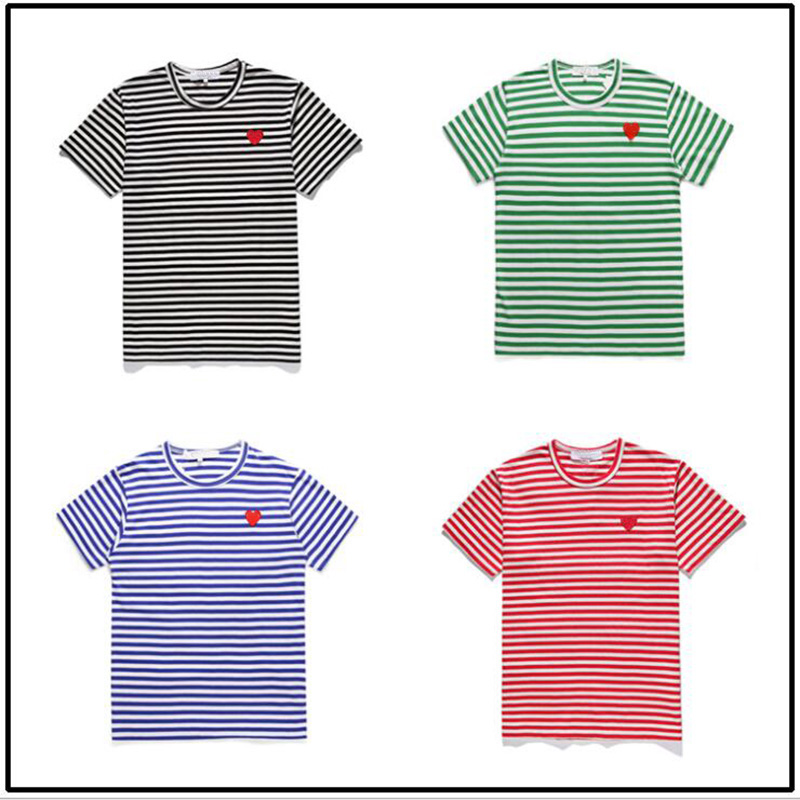 

Embroidery Heart T shirts Men and Women Wear Love Round Neck Cotton Color Striped Short-sleeved for Couple, Sky blue