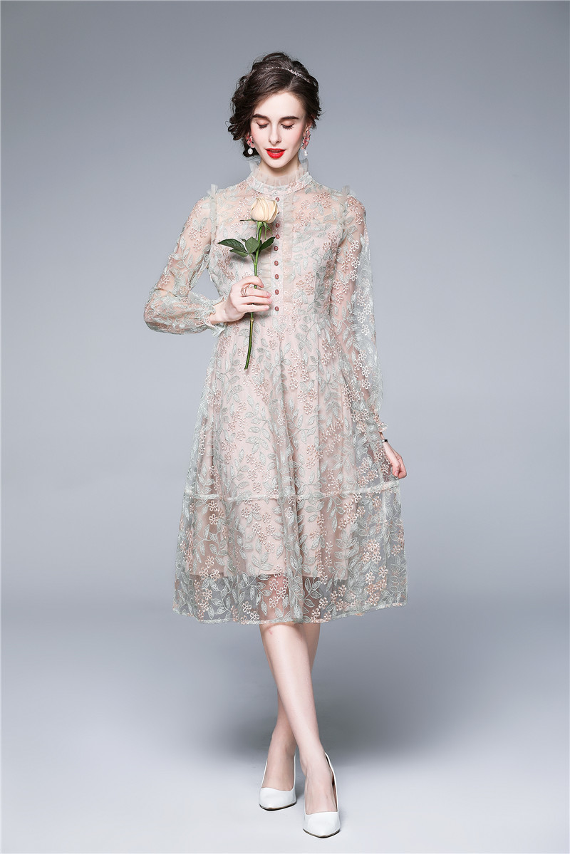 

Women Designer Elegant Embroidery Floral Mesh Dress Sexy Wedding Cocktail Party Robe Ladies Vintage Long Sleeve Dresses Vestidos 210525, Picture color