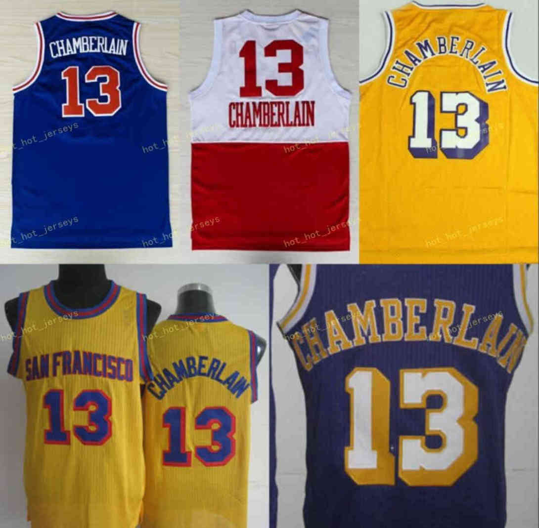 

Vintage Wilt 13 Chamberlain Jerseys Uniforms Rev 30 New Material Shirt Home Yellow Purple White Blue Stitched, As