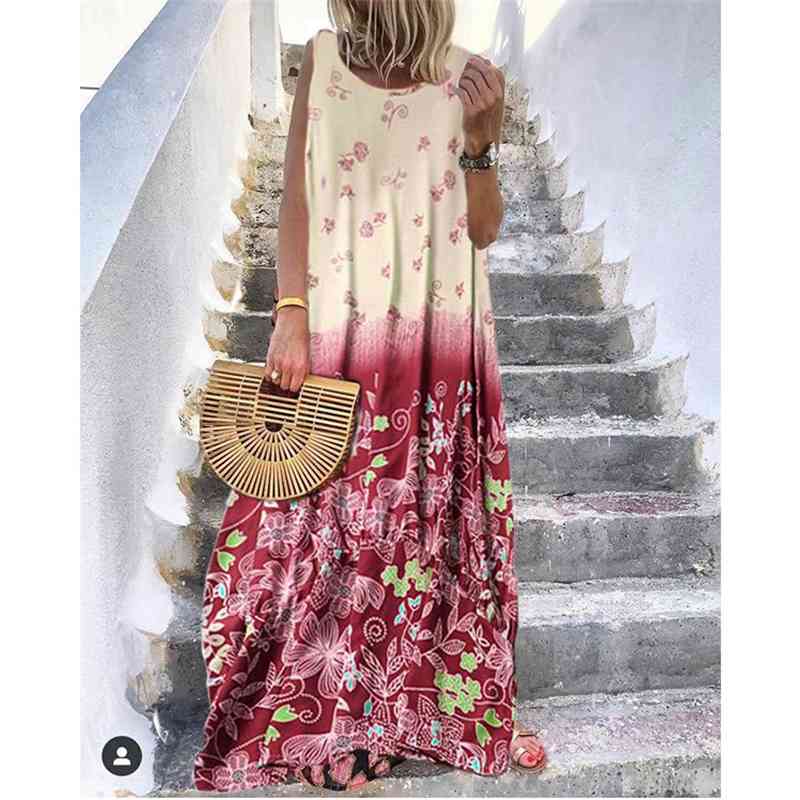 

women's summer casual dress round neck sleeveless print large women's changsha beach skirt, Black;gray