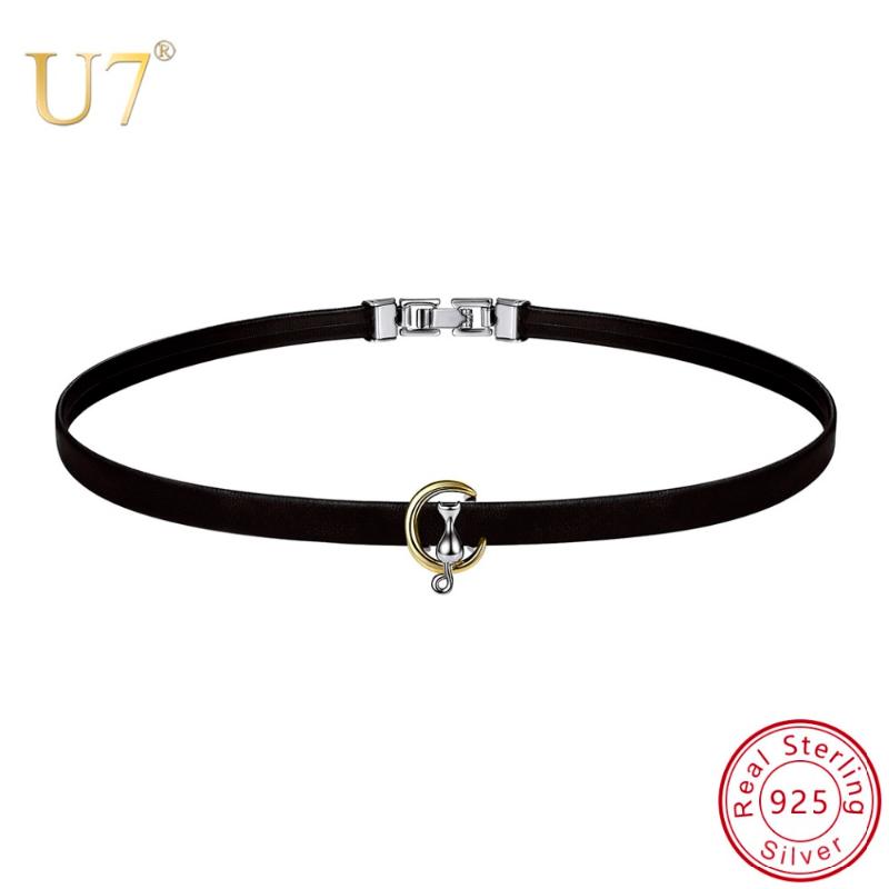 

Chokers U7 925 Sterling Silver Cat Sitting On Moon Pendants Choker Necklaces Women Black PU Leather Jewelry Accessories Gifts For Lover, Golden;silver