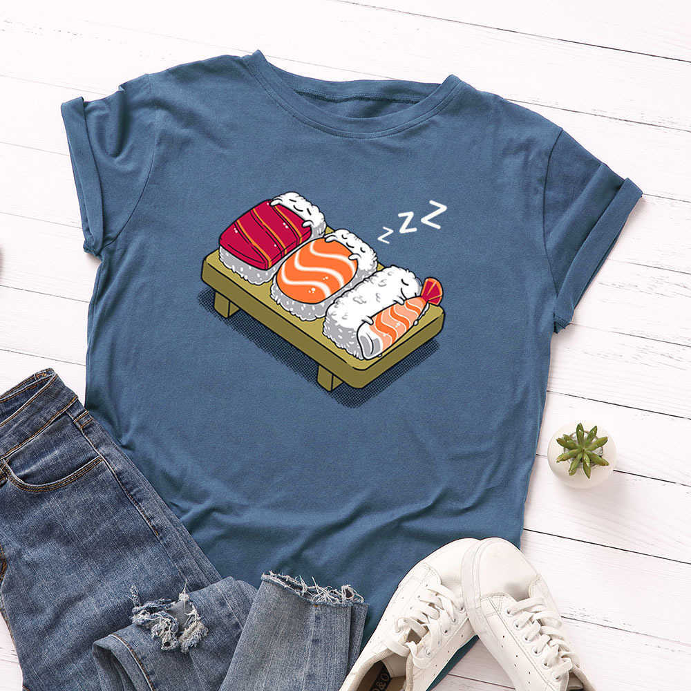 

Casual 100% Cotton Women Summer T-Shirt Funny Sushi O-Neck Short Sleeve Female Tees Top W717 210526, 13