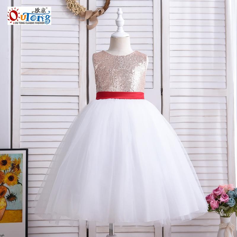 

Girl's Dresses Outong 2021 Design Party Gowns Evening Sequined Vest Skirt With Bow Mesh Girls Dress Navy Blue, Red;yellow