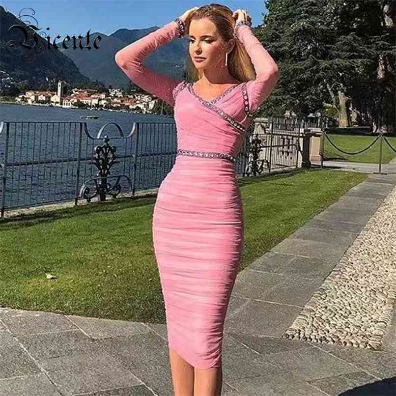 

Chic Beads Design Pink Draped Mesh Dress Sexy V Neck Celebrity Party Bandage Knee Length 210520