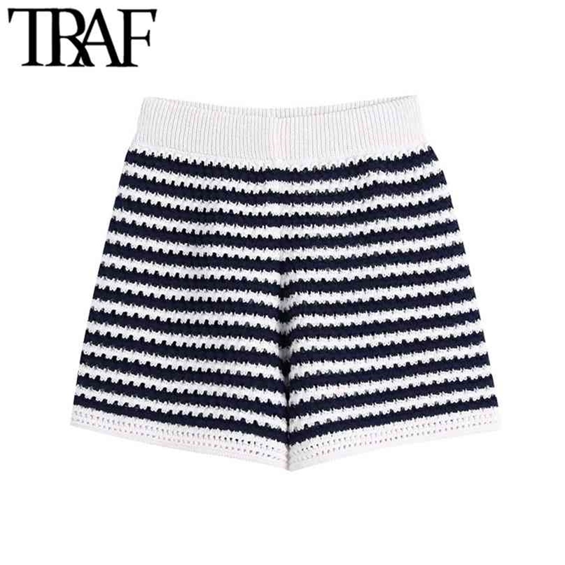 

TRAF Women Chic Fashion Striped Knitted Shorts Vintage High Elastic Waist Female Short Pants Mujer 210722, As picture