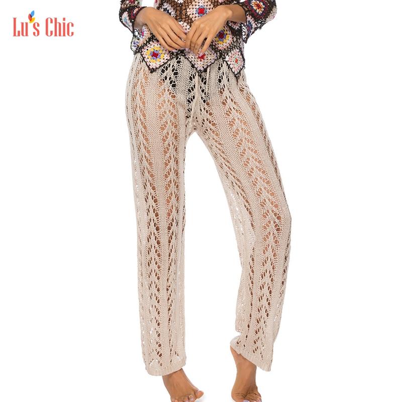 

Women' Swimwear Lu' Chic Crochet Knitted Solid Long Bikini Swimsuit Cover Up Beach Pants Bathing Suit Coverups, White