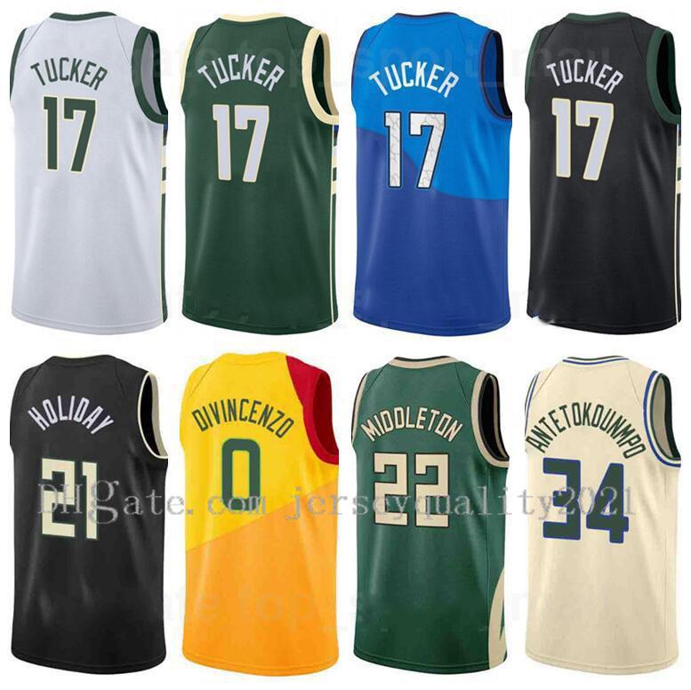 

Print Basketball Jersey Screen Jrue Holiday 21 PJ Tucker 17 Khris Middleton 22 Giannis Antetokounmpo 34 Donte DiVincenzo 0 Size S-2XL, Black;red