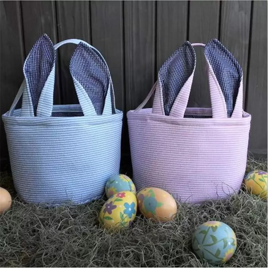 

Easter Bag Favor Stripe Bunny Basket Cartoon Rabbit Long Ears Bucket Seersucker Easters Eggs Bags Kids Party Gift