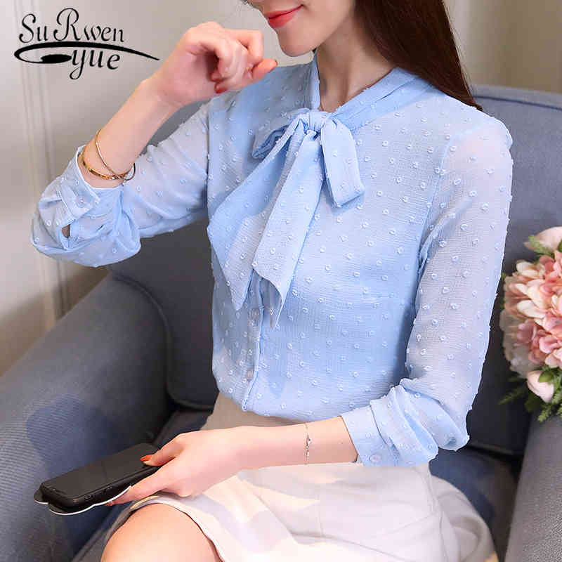 

autumn women fashion Chiffon Blouse Elegant Long Sleeve Womens Tops And Blouses plus size Blusa Feminine clothes 1146 50 210521, Blue