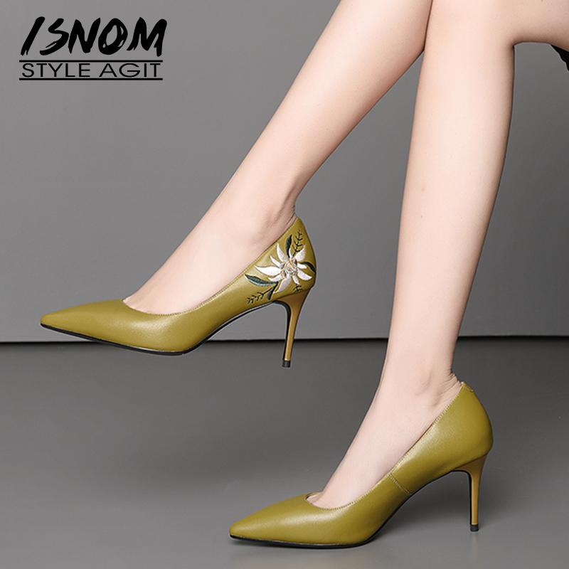 

Spring Embroider Women Pumps Pointed Toe Footwear Genuine Leather Female Shoes Shallow Office High Heels Woman 2021 Dress, Black