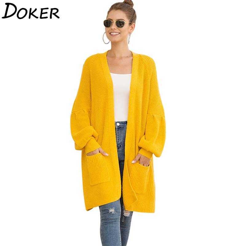 

Oversized Solid Long Cardigan Sweater Women Winter V-neck Lantern Sleeve Casual Loose Coat Female Elegant Knitted Tops 210603, Beige