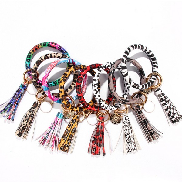 

Women Fashion Printed Bracelets Key Rings Jewelry Wristlet Keychain Bangle Keyring Large Circle Leather Tassel Bracelet Kimter-Q10FZ, Slivery;golden