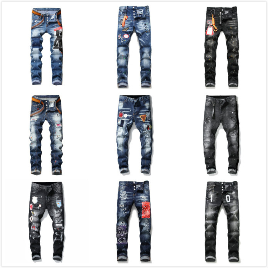 

mens denim jeans black ripped bt version ny broken H2 Italy stlye bike motorcycle rock revival, Blue