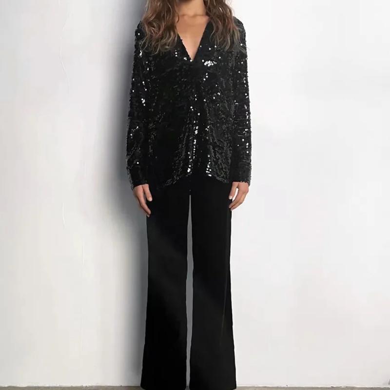 

Women's Blouses & Shirts Xikom 2021 Summer Women Vintage Black Sequins Shirt Female Fashion Streetwears Casual Single-Breasted Thin Chic Top