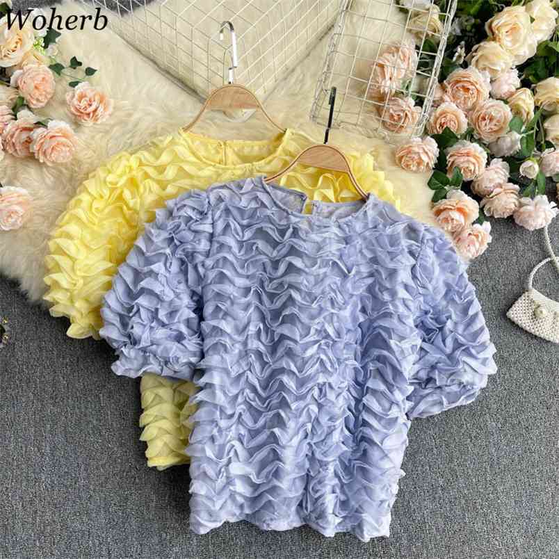 

Short Bubble Sleeve Chiffon Lace Tops Women's Crew Neck Pleated Ruffle Slim Solid Color Elegant Shirts and Blouse Summer 210519, Yellow