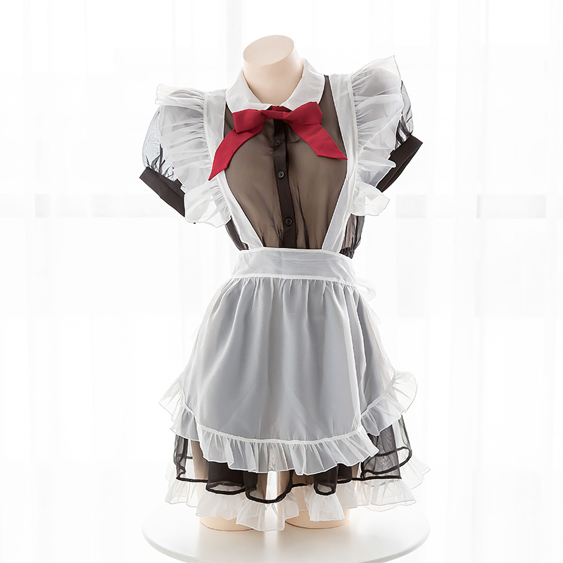 

New Kawaii Maid Cosplay Costumes Sexy Lingerie for Women Babydoll Dress with Cute Bowknot French Apron Servant Lolita Costume, Red