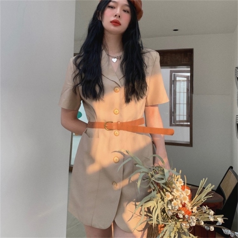 

Summer Vintage Elegant Single-Breasted Sashes Women Dress Office OL Short Sleeve Casual Female 210519, Photo color