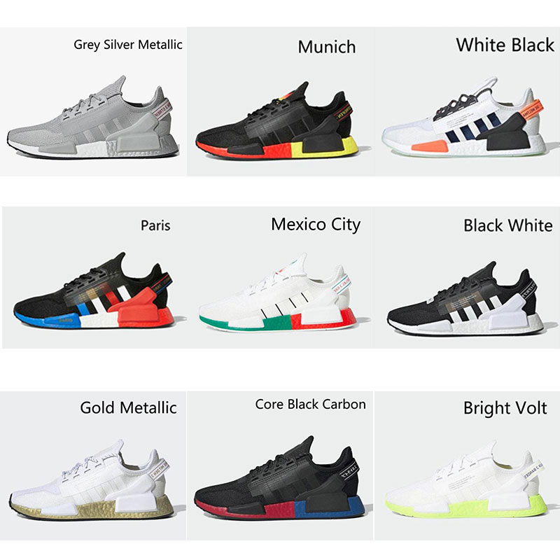

Men Women Running Shoes NMD R1 V2 runner PK Sneakers black white blue metallic gold Carbon Shock Yellow mexico city Trainers, 47