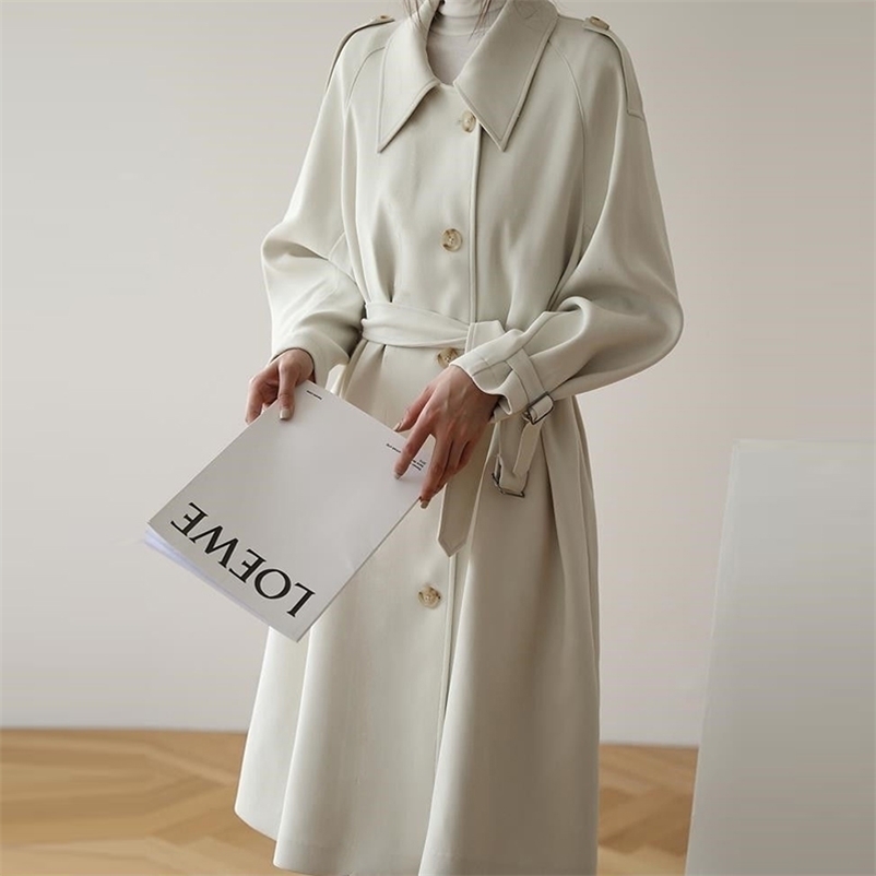

Autumn winter women solid long coat korean office warm elegant belted vintage overcoats windbreaker casual jacket coats outwears 210517, White