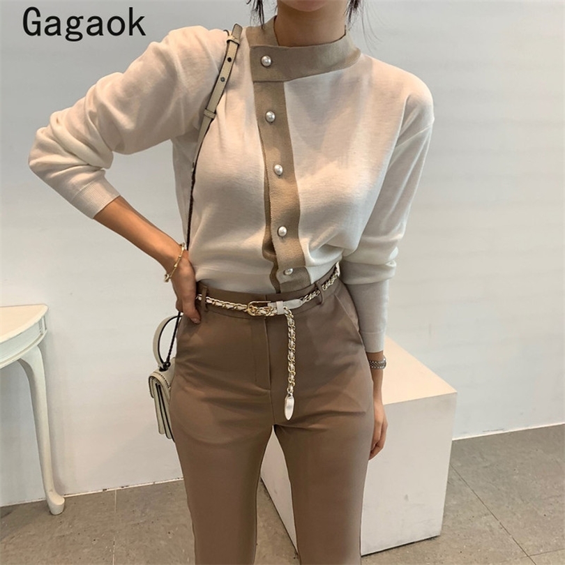 

Gagaok Office Lady Korean Retro Knitted Sweaters Spring Autumn Patchwork O Neck Slim Chic Wild Simple Pullovers 211018, Beige