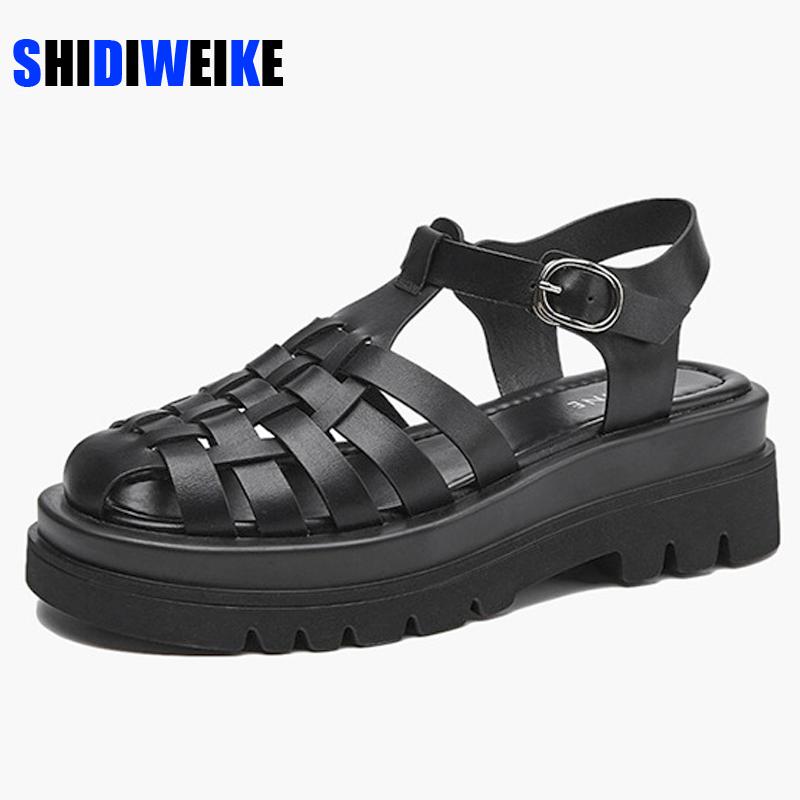 

Summer Platform Sandals Women Shoes Round Toe Beach Flat Hollow Out Buckle Strap Ladies Gladiator AC905, Black