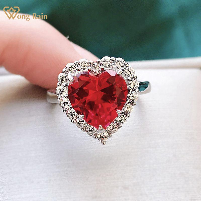 

Cluster Rings Wong Rain 925 Sterling Silver Love Heart Ruby Pink Sapphire Gemstone Wedding Vintage For Women Girls Fine Jewelry Gifts, Golden;silver