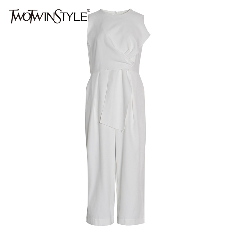 

Casual Black Jumpsuit For Women O Neck Sleeveless High Waist Wide Leg Pants Ruched Loose Female 210521, Beige