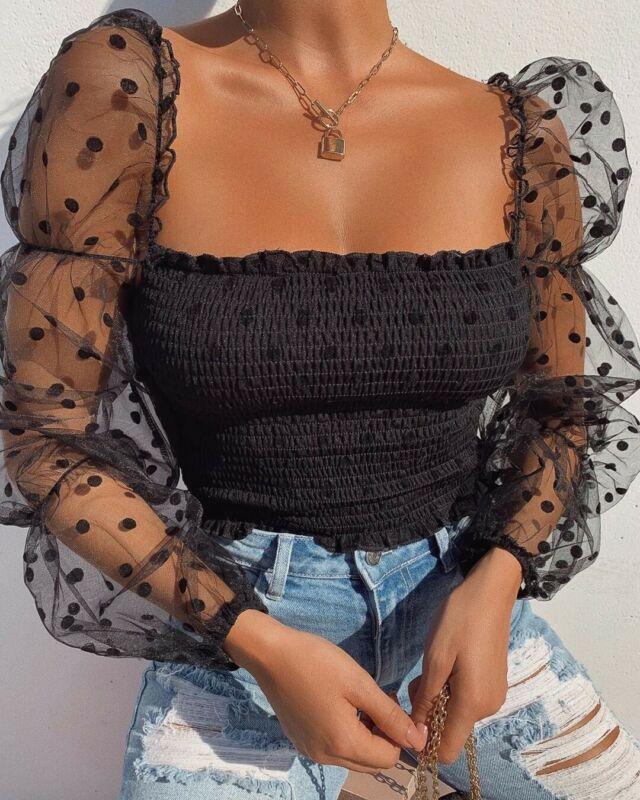 

Women's T-Shirt Women Tulle Square Collar Frill Mesh Gauze Fluffy Long-sleeved Party Top Summer, Brown