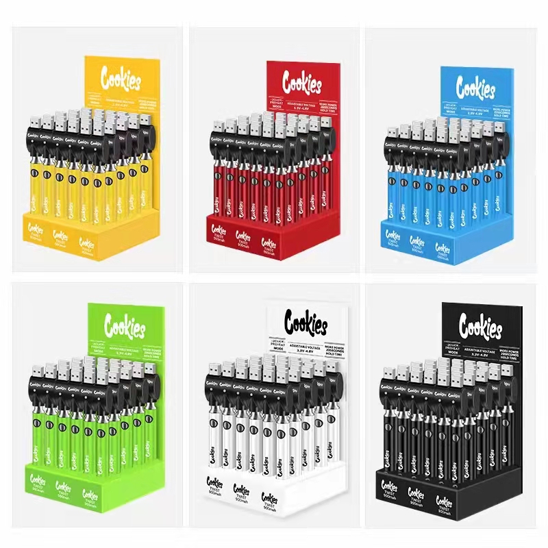 

Cookies law backwood Twist Cigarette Battery Display box 900 1100mAh 30pcs each pack Bottom variable Preheat VV Vape Pen Usb Charger Kit