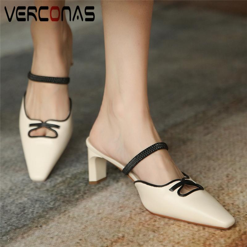 

Fashion Concise Women Sandals Genuine Leather Hollow Mules High Heels Slippers Summer Casual Party 2021 Shoes Woman Dress, Black