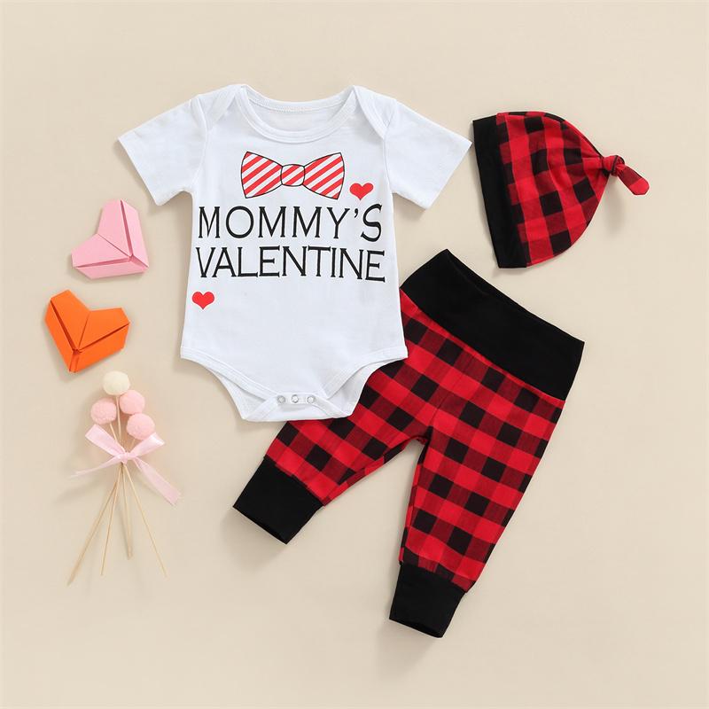

Clothing Sets Toddler Girls Boys Summer Outfits White Short Sleeve Letter Print Romper + Plaid Pants Hat 3PCS For Valentine's Day