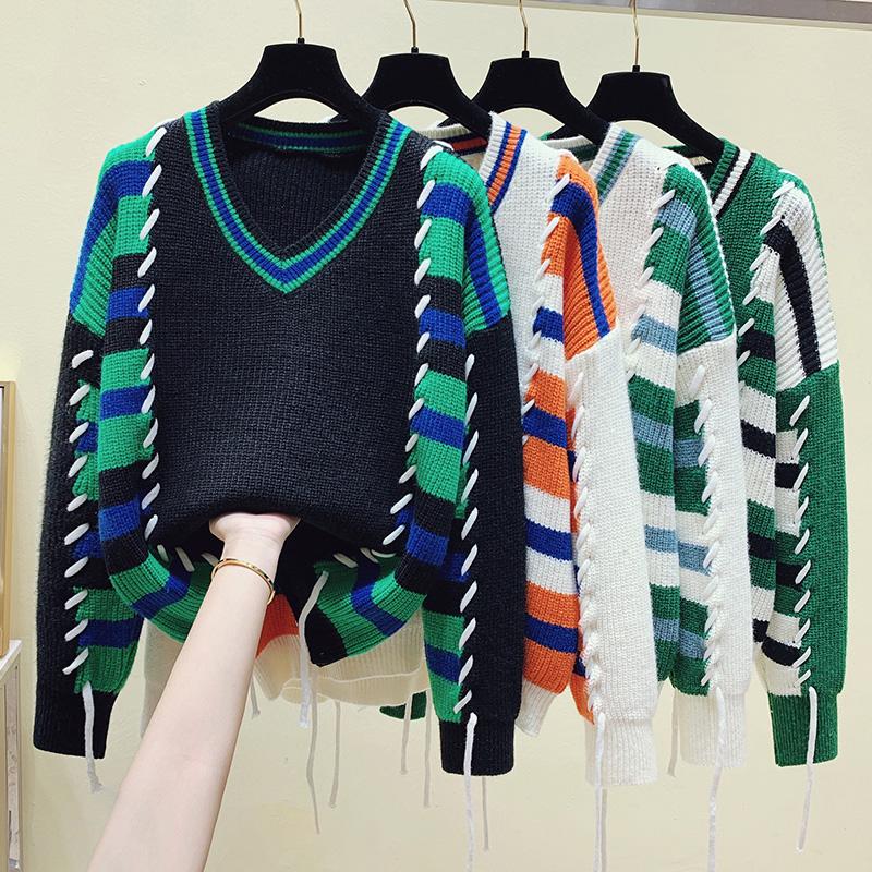 

Women's Sweaters Han Edition Loose Color Matching Sweater Female Winter Design Feeling Lazy Striped Drawstring V-neck Jacket, Green