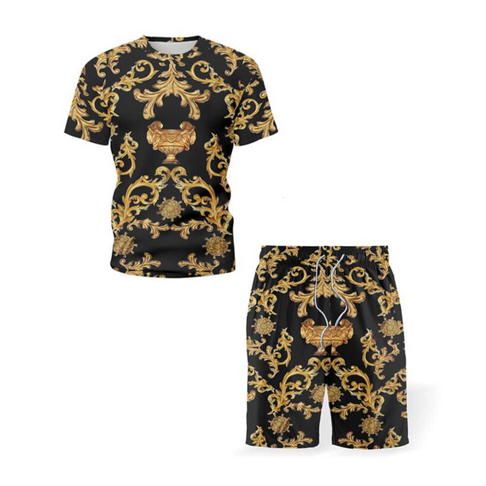 

New print Retro Style Two Piece Set Clothing Summer Short Sleeve Auspicious Pattern T-Shirt+Shorts mens shorts set X0601, Z0115