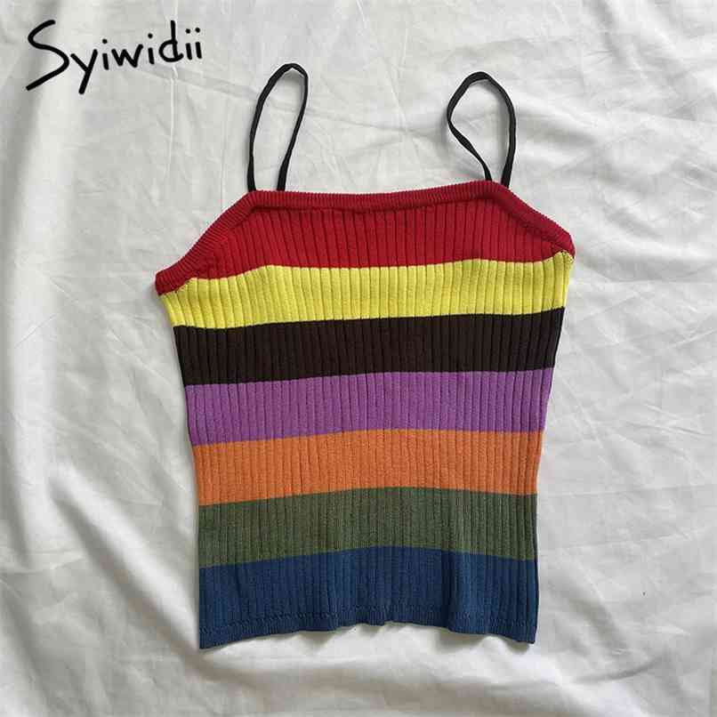 

Spaghetti Strap Tank Top For Women T Shirt Crop Tops Striped Knitted Cami Short Casual Spandex Stretch Summer Fashion 210607, Multi