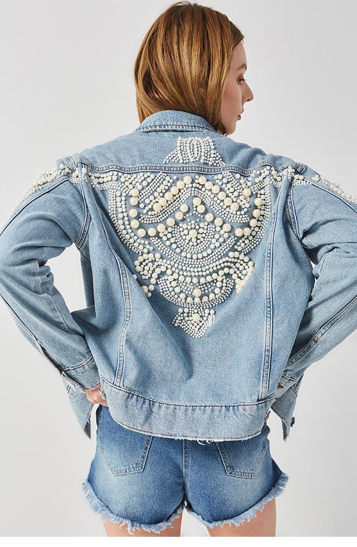 

Women' Jackets 2021 Pearls Embellished Denim Jacket Women Vintage Coat Bead Embroidery Autumn Winter Outwear Boho Casual Basic, Denim blue