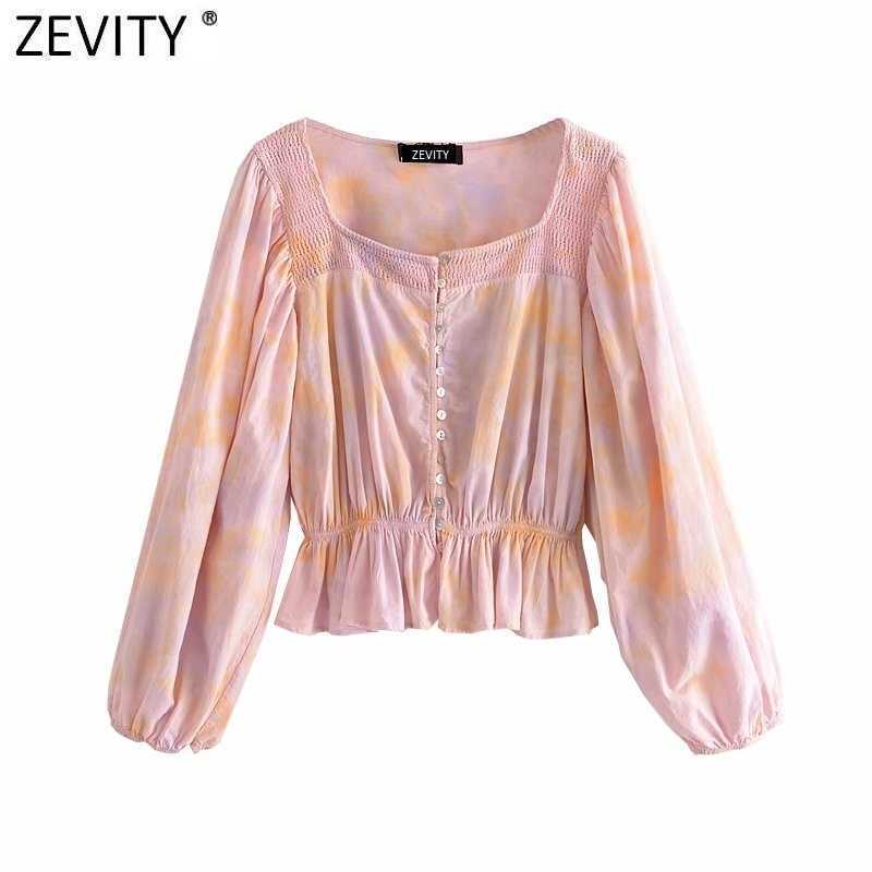 

Zevity Women Vintage Square Collar Tie Dyed Print Short Blouse Female Lantern Sleeve Ruffles Shirts Chic Lace Blusas Tops LS9337 210603, Hh ls9337