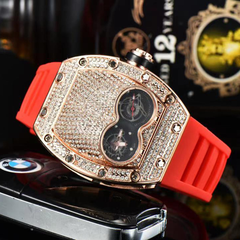 

Full iced out mens watches candy rubber strap quartz movement watch all diamond case battery waterproof wristwatch unique design rose gold w, Slivery;brown